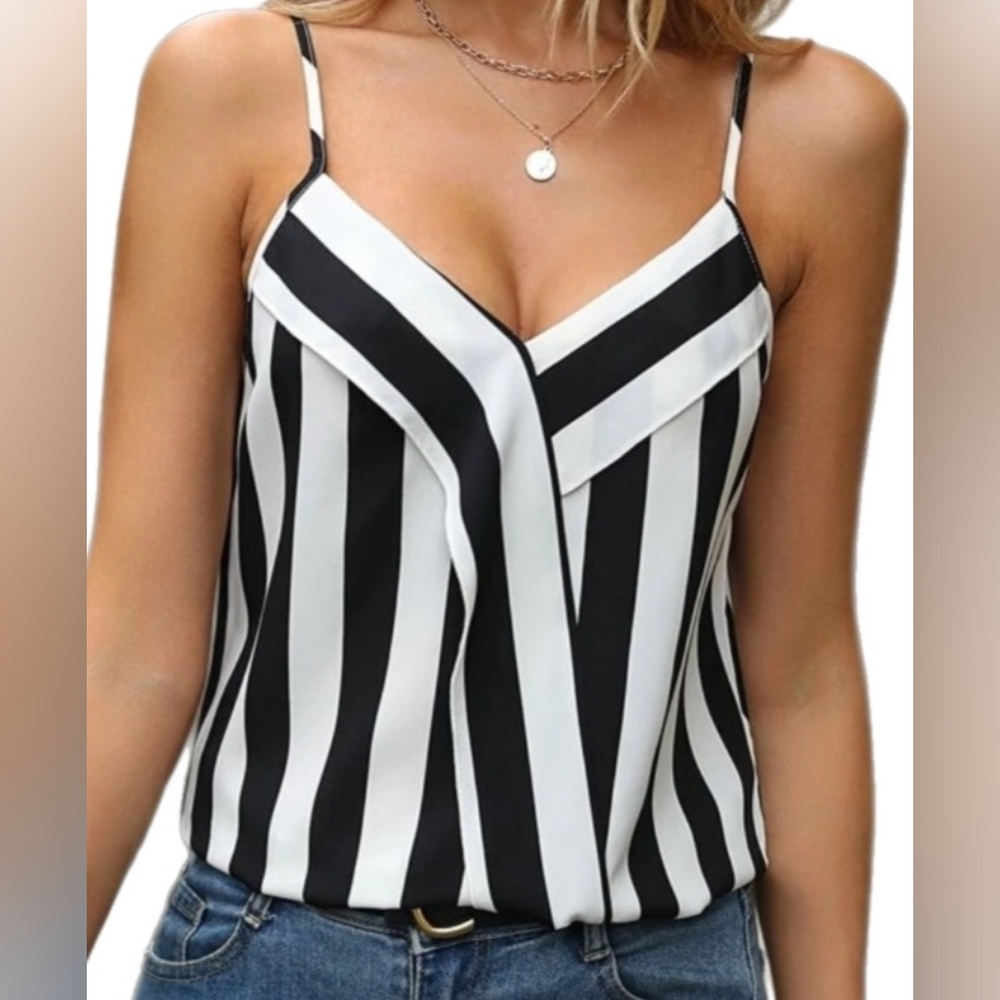 Black & White Striped V-Neck Cami Top